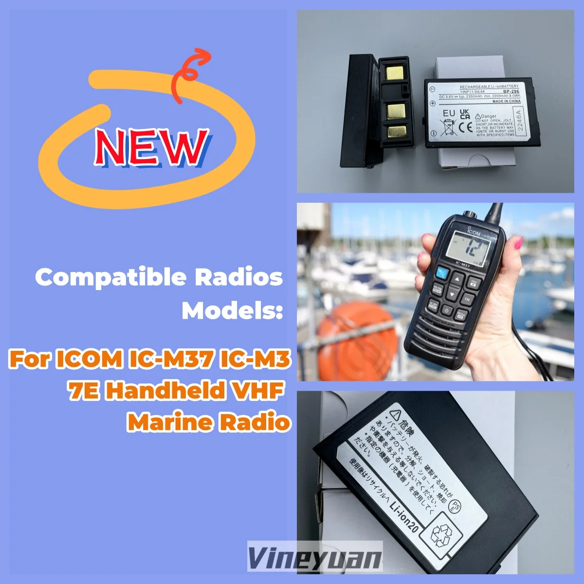 Imagem -03 - Bateria de Substituição Li-ion para Icom Ic-m37 Ic-m37e Handheld Vhf Rádio Marítimo Recarregável Bp296 3.6v 2350mah