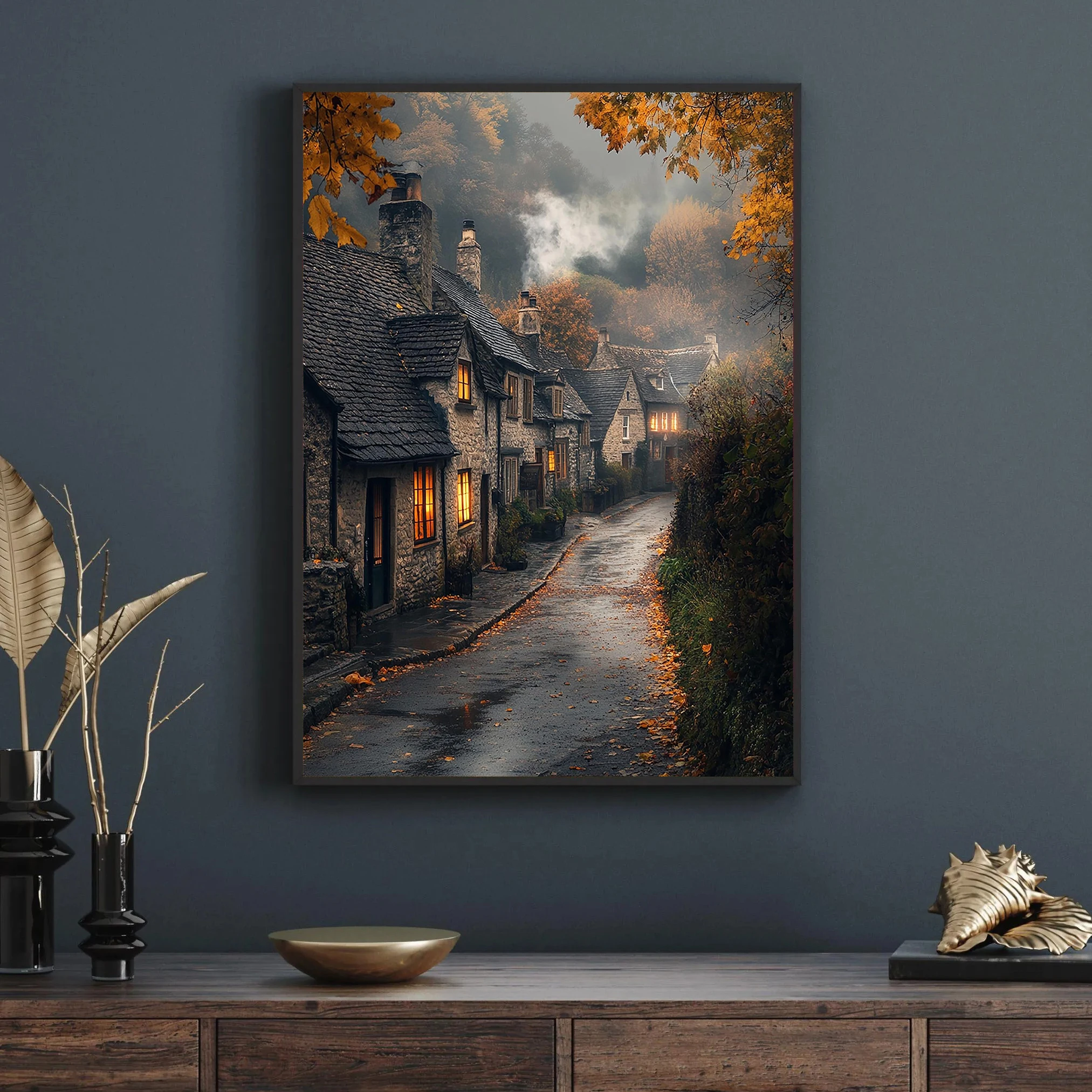 

Cozy English alleyway, vintage autumn country street scene, modern scene wall decoration, canvas print art poster, home décor.
