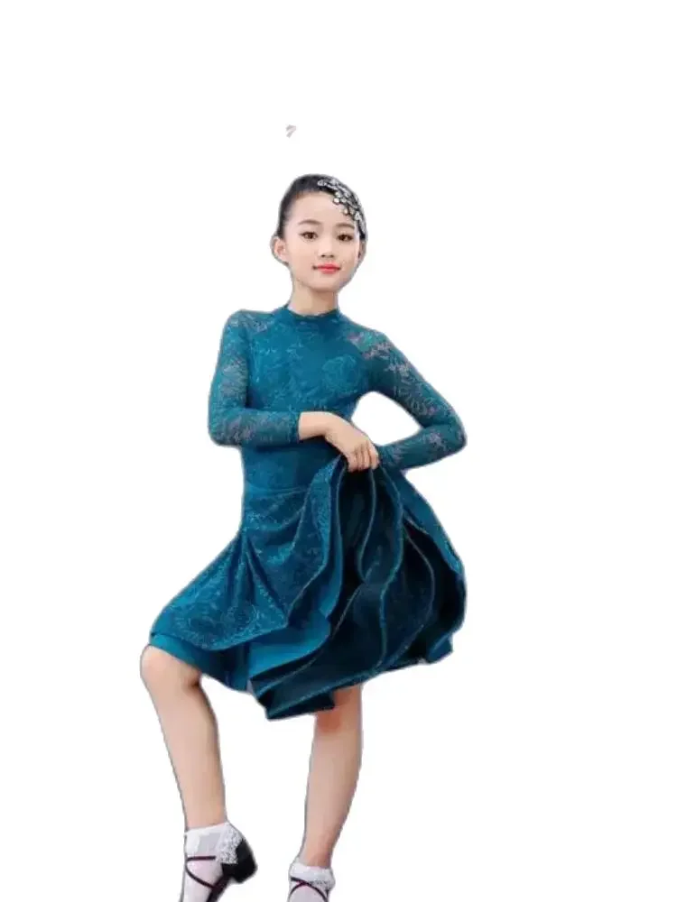 

Girl Long Sleeve Latin Dance Dress Children Ballroom Salsa Tango Lace Dress