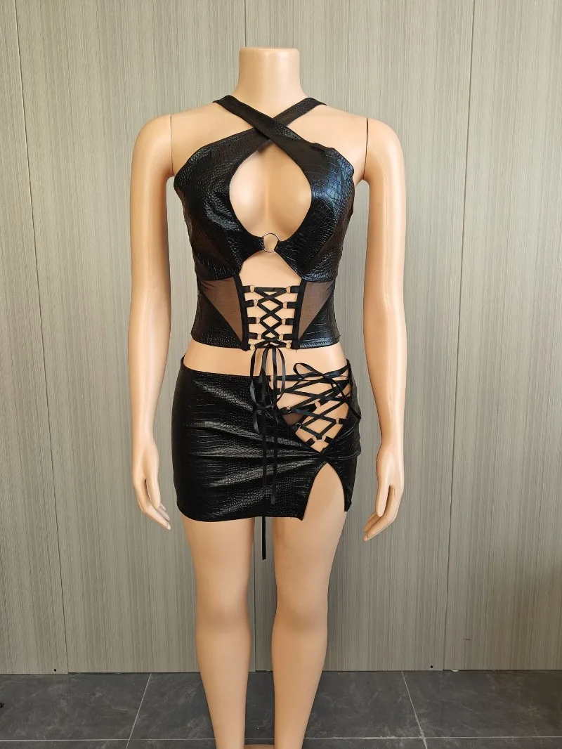 اعوج بولي Leather الجلود 2 قطعة مجموعة المرأة مثير الجوف خارج الصليب الرسن عارية الذراعين الدانتيل يصل تانك القمم + انقسام Bodycon التنانير الصغيرة #4