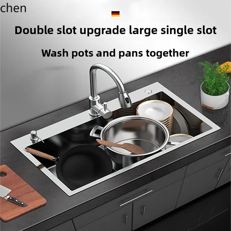 

HTT Double Slot to Single Slot Stainless Steel Sink Thickened Hand Brushed Kitchen Vegetable Washing Basin Dishwashing Sink