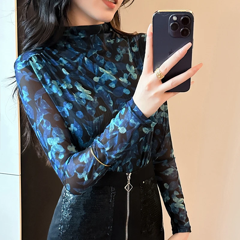 Y2K Trendy Women Set Yarn Tshirt with High Neck Mesh Base Shirt High End Fashion