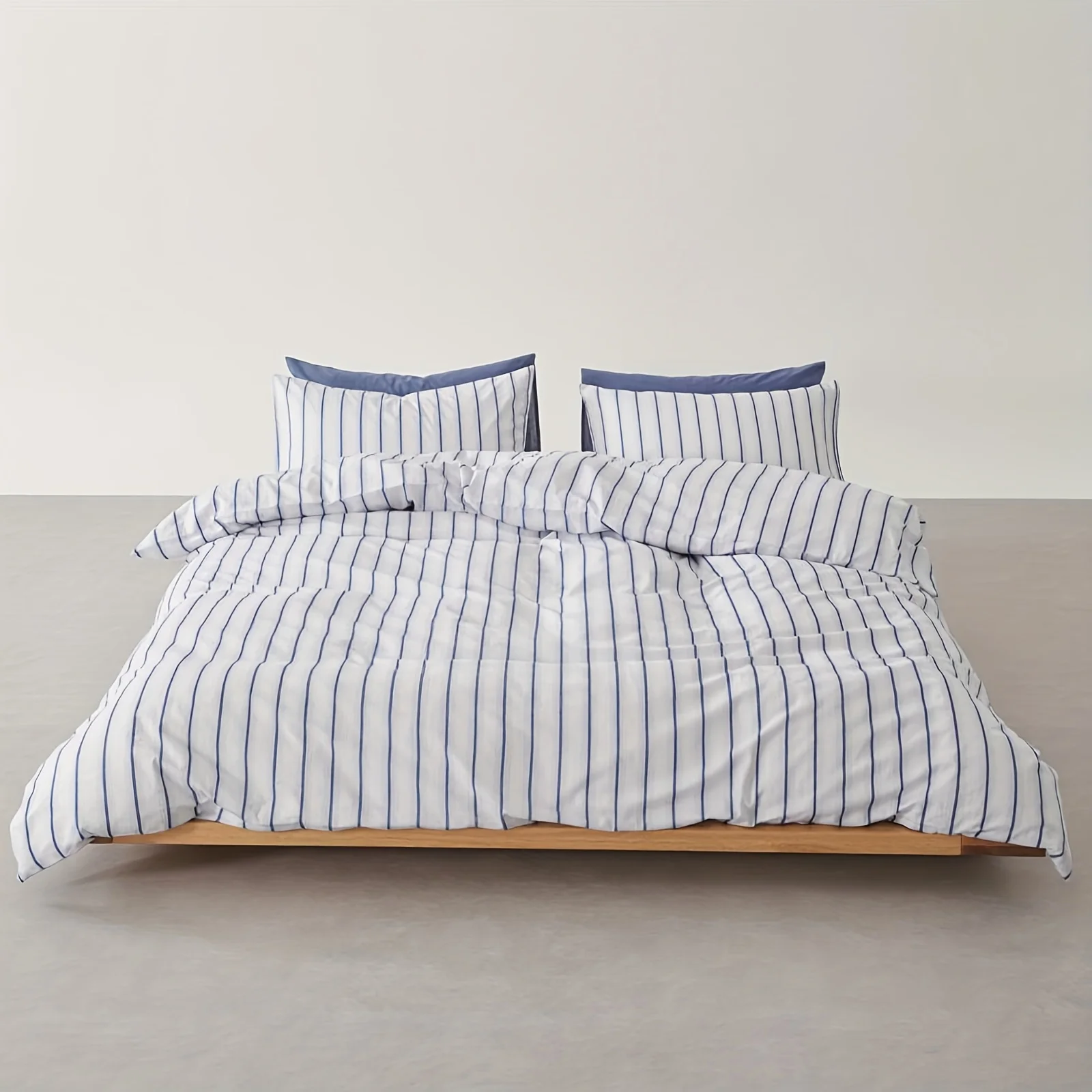 Cotton Fabric Blue Striped Printed Duvet Cover Three-Piece Set (2 Pillowcases + 1 Duvet Cover) Without Pillow Inserts or Duvet I