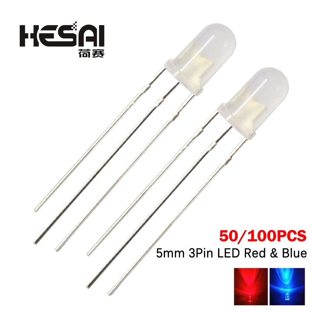 50/100 szt. 5MM rozproszony dwukolorowy wspólny anoda/katoda okrągły 3Pin LED czerwona i niebieska dwukolorowa dioda emitująca światło