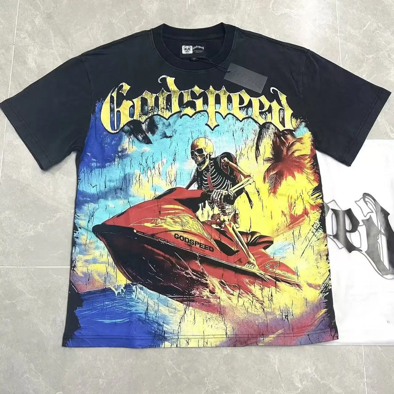 Godspeed American Trendy Brand Yacht Skeleton Washed Outdated Loose Couples Heavyweight Pure Cotton Short Sleeve T-Shirt