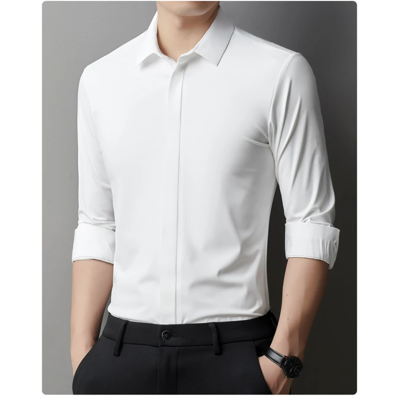 High end Hidden Button Luxurious Men's Long Sleeve Shirt Men's Business Top Wrinkle-resistant Non-iron Solid Men Clothing C0101