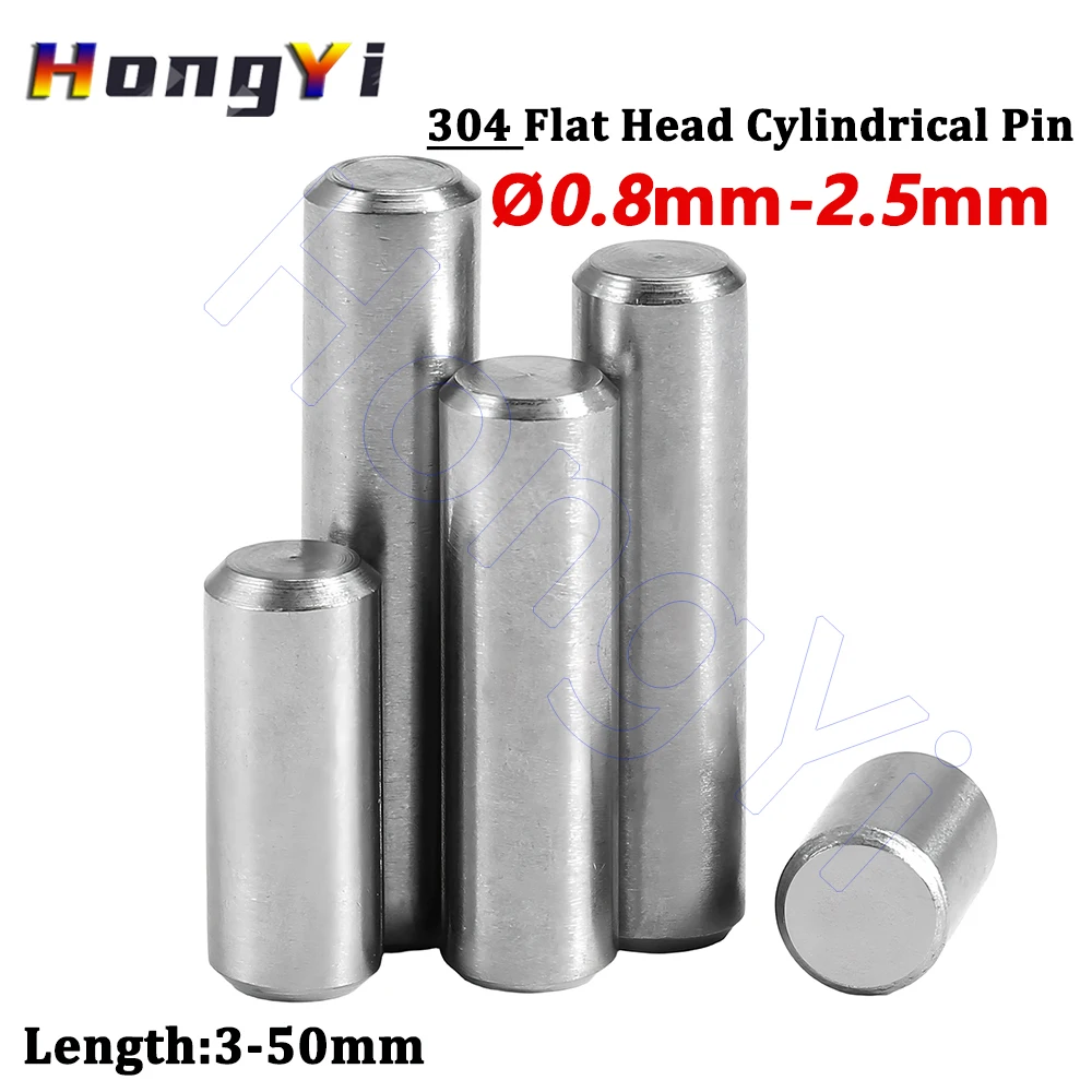 100pcs Diameter 0.8mm-2.5mm Solid Cylindrical Pin 304 Stainless Steel Flat Head Locating Dowel Pin Length 3 - 50mm
