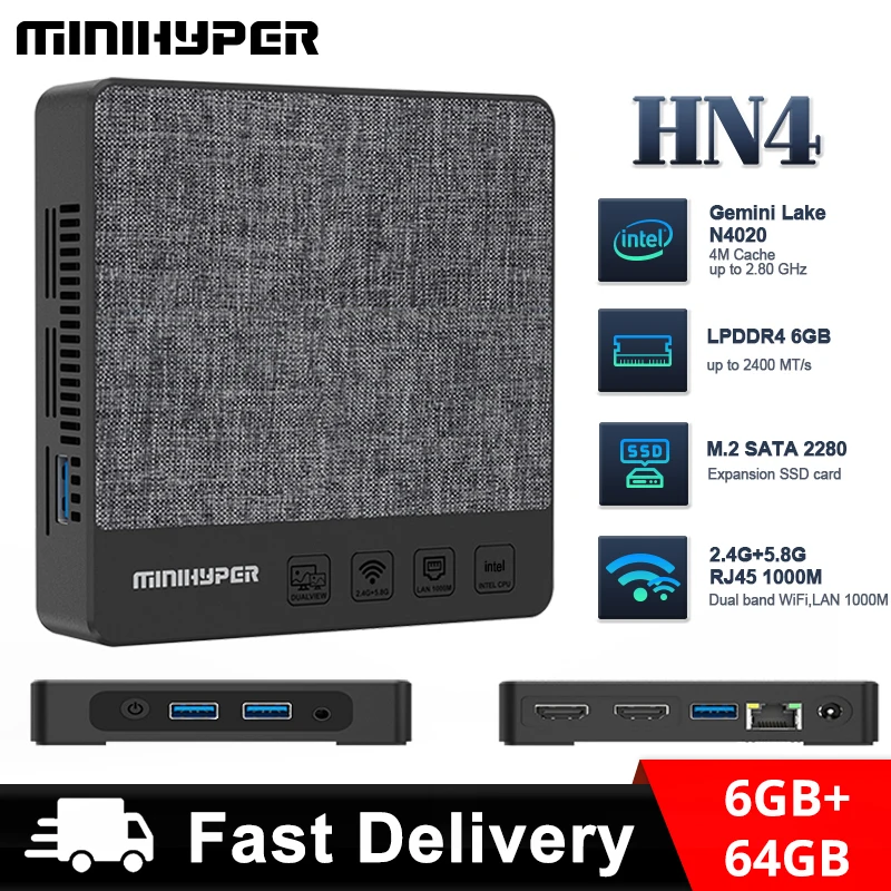 MiniHyper HN4 Mini PC Intel Gemini Lake N4020 CPU LPDDR4 6GB EMMC 64GB WIFI HDMI RJ45 1000M supporto 4K USB 3.0 Jack Audio