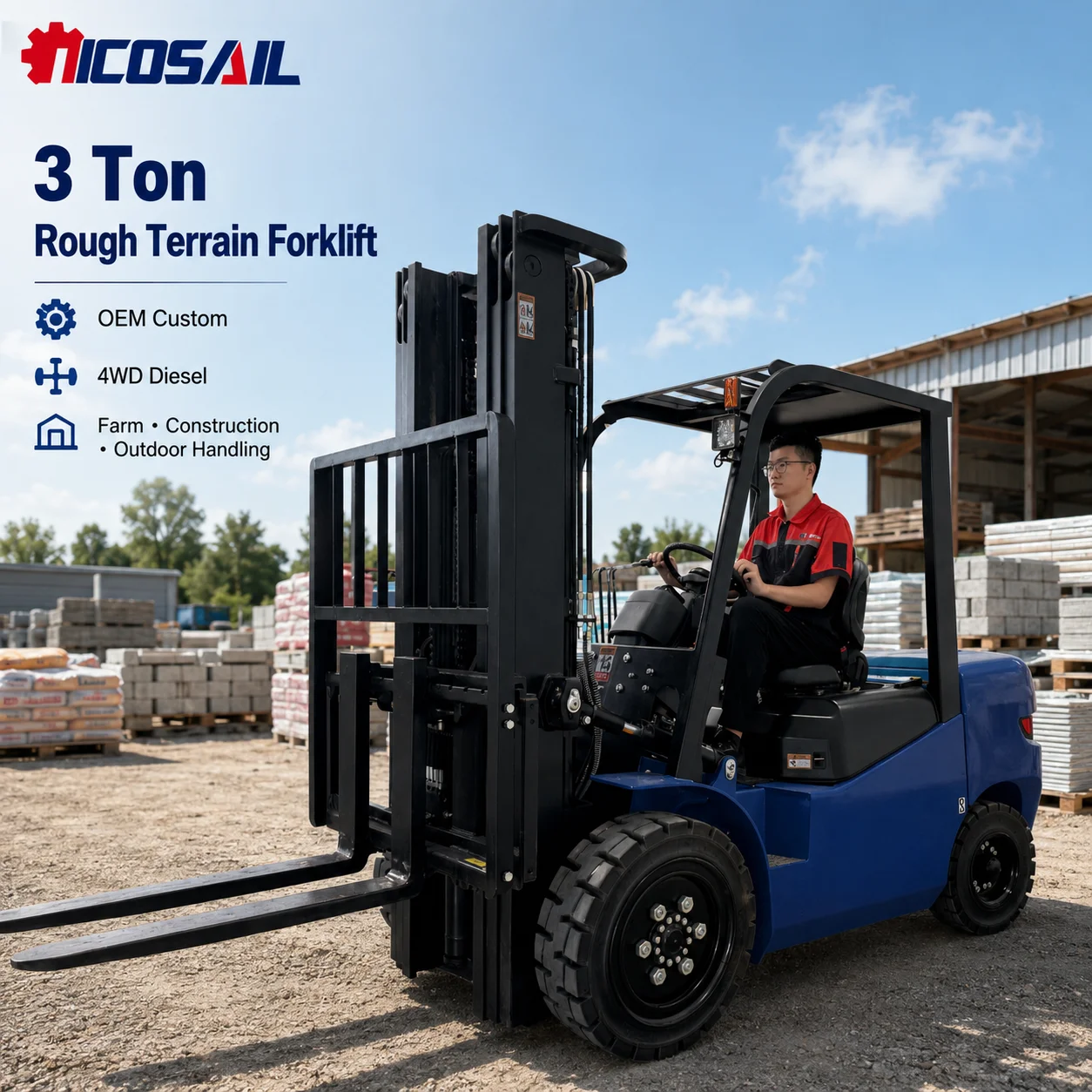 3 Ton OEM Custom 4WD Rough Terrain Forklift Diesel All Terrain Handler for Farm, Construction and Outdoor Material Handling