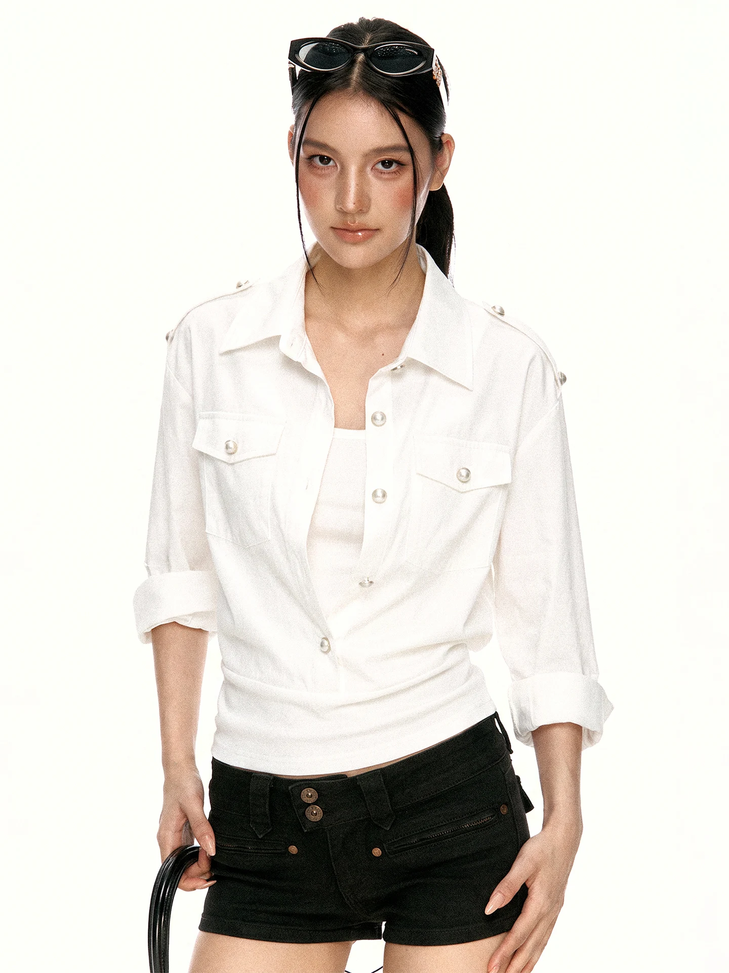 Aaisup White Slim Fit Five-Quarter Sleeve Shirt Women's Early Autumn Versatile Commute Slimming Waist Casual Top