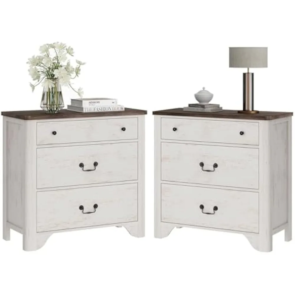 

Nightstands Set of 2, 3 Drawer Nightstand Bedside Table with Wide Chest of Drawers, Farmhouse Wooden Nightstand, White En