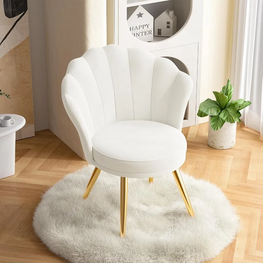 Elegante silla decorativa de terciopelo con patas de metal dorado, perfecta para sala de maquillaje, sala de estar o dormitorio, silla tapizada para invitados en blanco