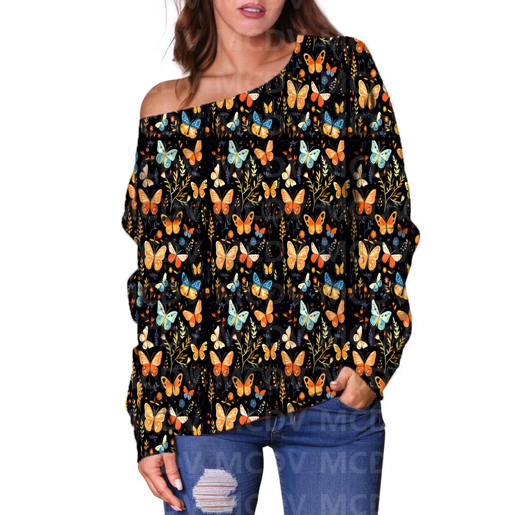 Women's Off Shoulder Sweater Retro Butterfly 3D Printed Women Casual Long Sleeve Sweater Pullover