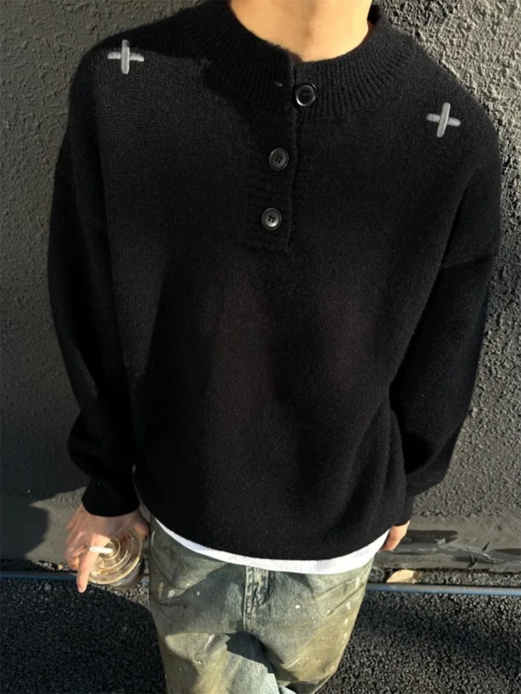 

Thiened American Sle Henry Collar Sweater Men Women Autumn Winter Lazy High-End Knitted irt Embroidered Base Layer Inne...