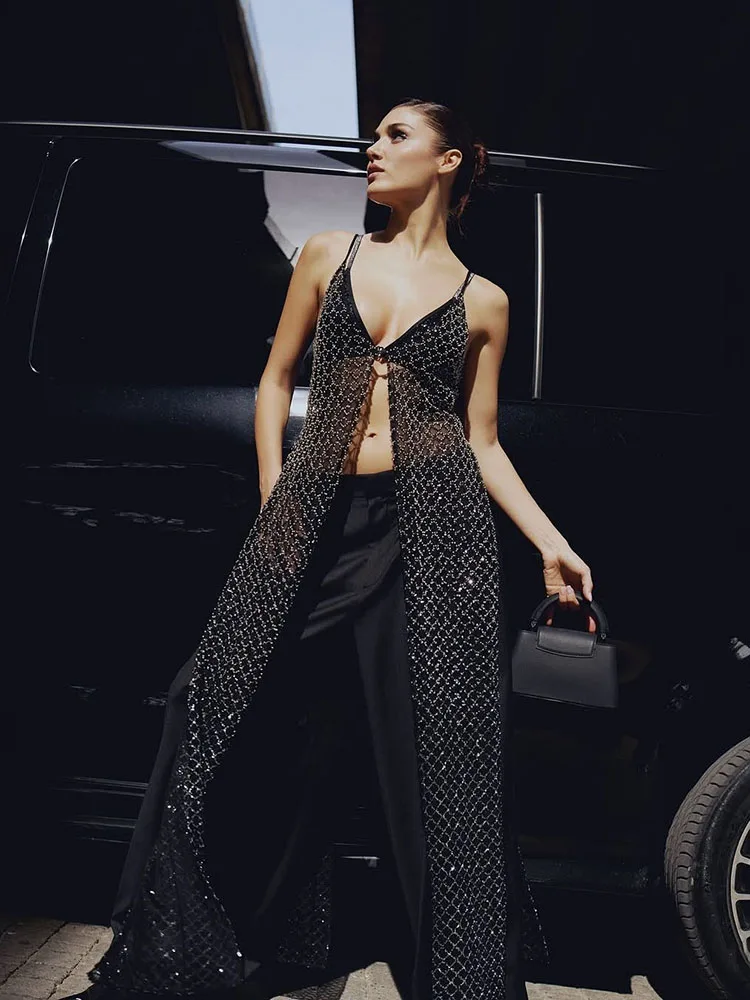 Cutenew قميص قصير بدون ظهر للنساء مثير بأزرار على شكل حرف v وفتحة جانبية طويلة محببة موضة هوتي رفيعة ونحيفة ملابس الشارع للنوادي #4