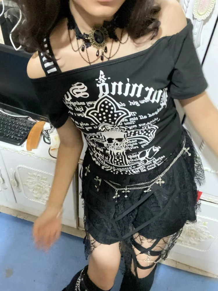 Y2K خمر قبالة الكتف القمم المرأة إلكتروني طباعة مخطط المرقعة سليم تي شيرت قصير الأكمام الصيف الألفية موضة تيز جديد