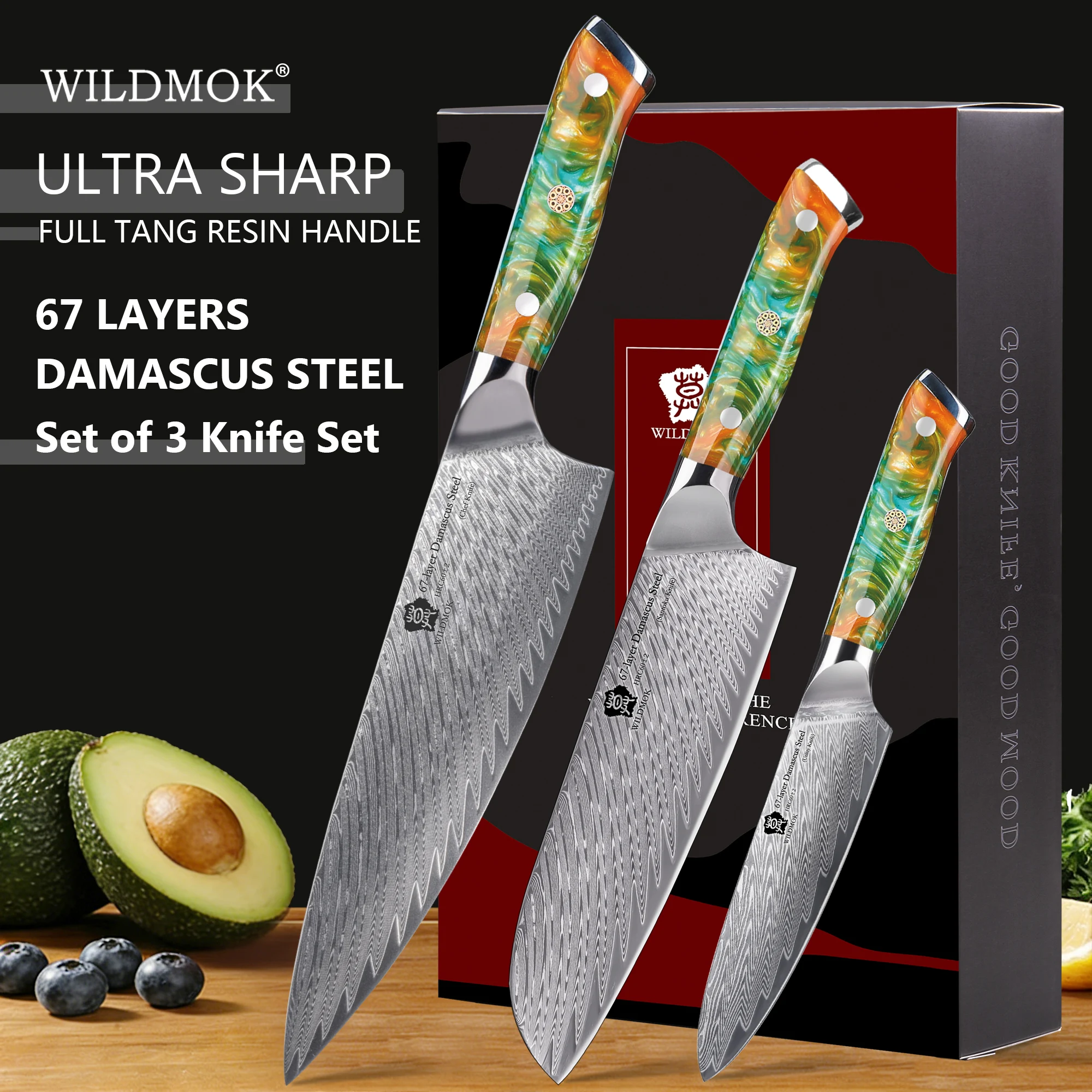 WILDMOK 3 PCS VG10 Damascus Steel Chef Knife Set Full Tang Orange Resin Handle Professional Kitchen Cooking Cutlery