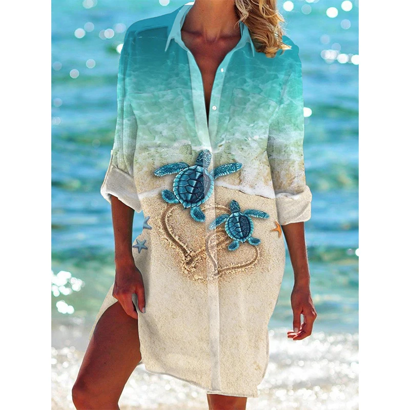 Turtle-pattern 3D printed beach top for summer, women's long-sleeved mid-length shirt, button-up top, blouse, women's clothing