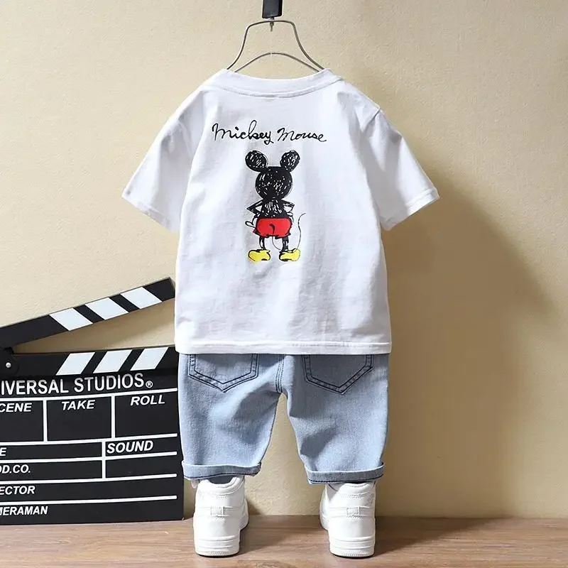 Baby Boys Clothing Fashion Mickey Mouse T-shirt+Shorts Jeans Sets Summer Kids Cotton Short Sleeve Denim Suits Children Clothes