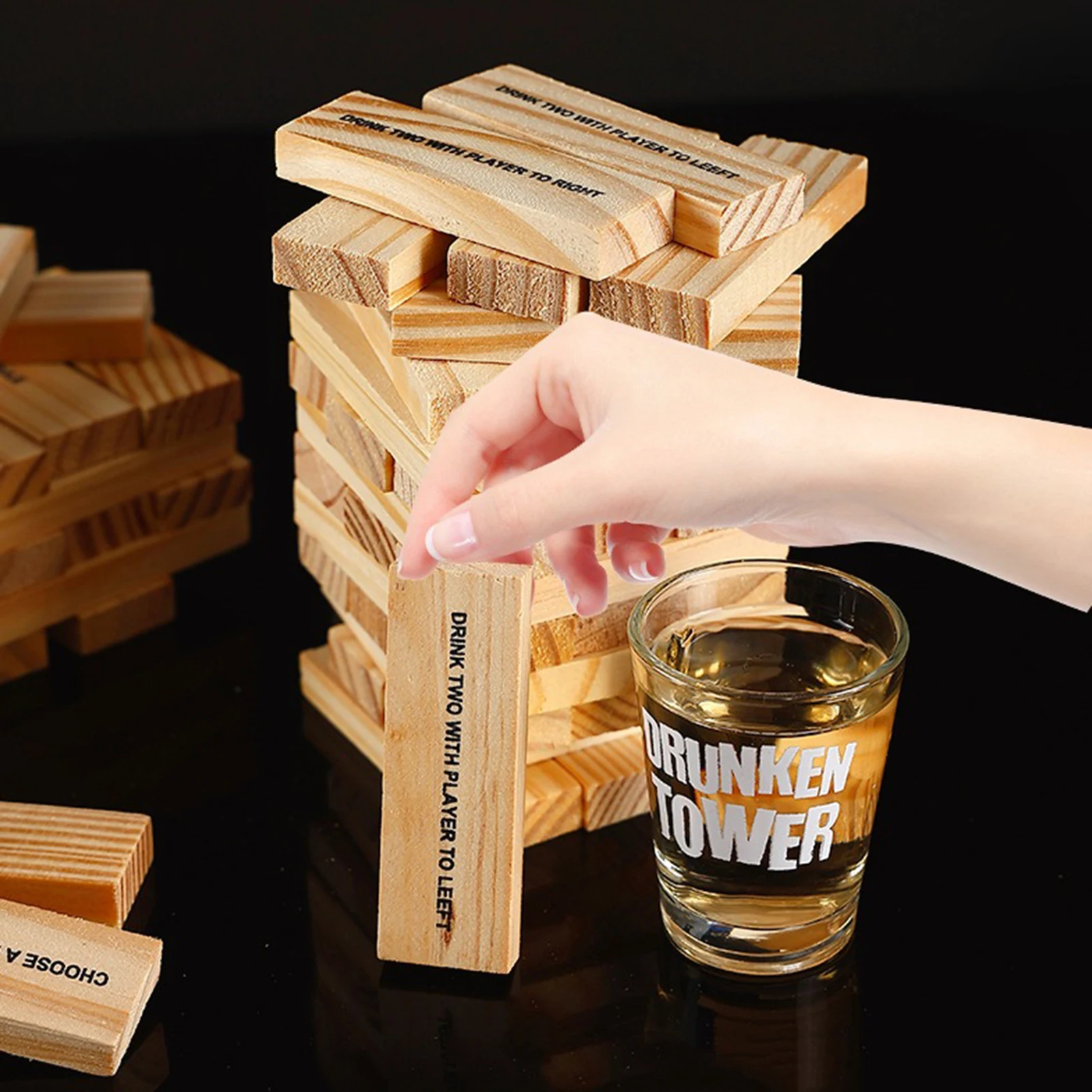Wooden Stacking Drinking Game Set With 60 Printed Challenge Blocks + 4 Shot Glasses For Adult Party Games 2-4 Players