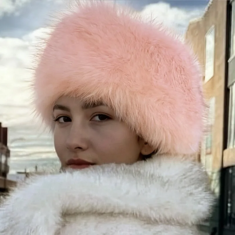 2025 nouveau hiver coloré moelleux fausse fourrure bandeau chapeau pour les femmes écologique Vegan fourrure garder au chaud couvre-chef tête enveloppement doux chapeaux