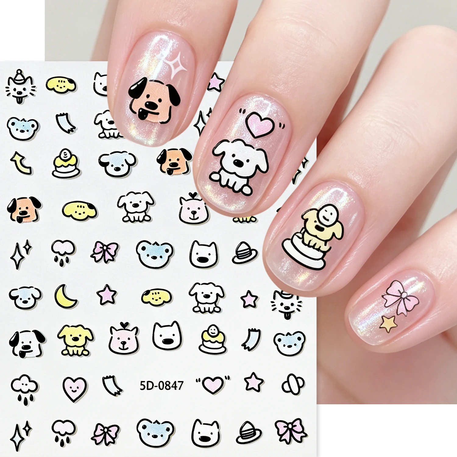 1Pcs Kawaii Cartoon Animal Dog Nail Stickers 5D Black Outline Heart Bow Star Nail Decals Vivid Pattern Nail Decor Daily Manicure