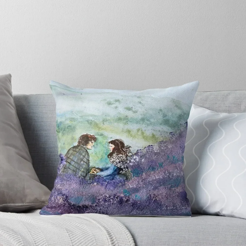 watercolor painting by Laura Rispoli Scottish Highlands Misty Hills of 2 Heather Flowers Romantic love art Throw Pillow