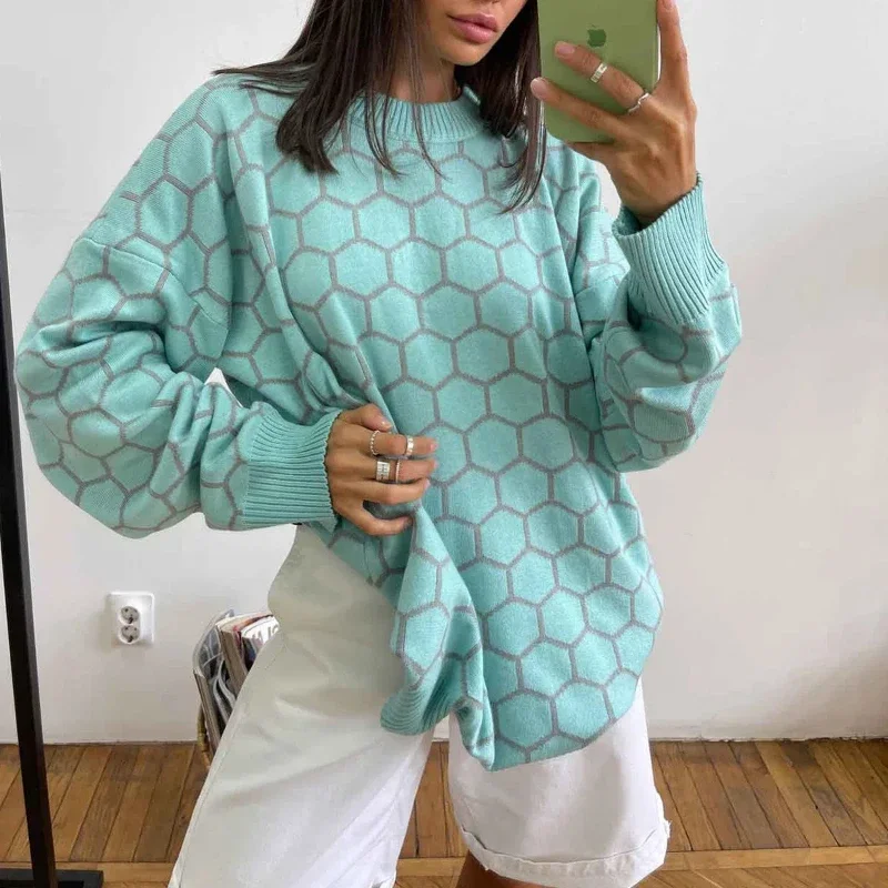 

TPJB Новые пуловеры с круглым вырезом, свитер с медом, свободные и универсальные клетчатые джемперы