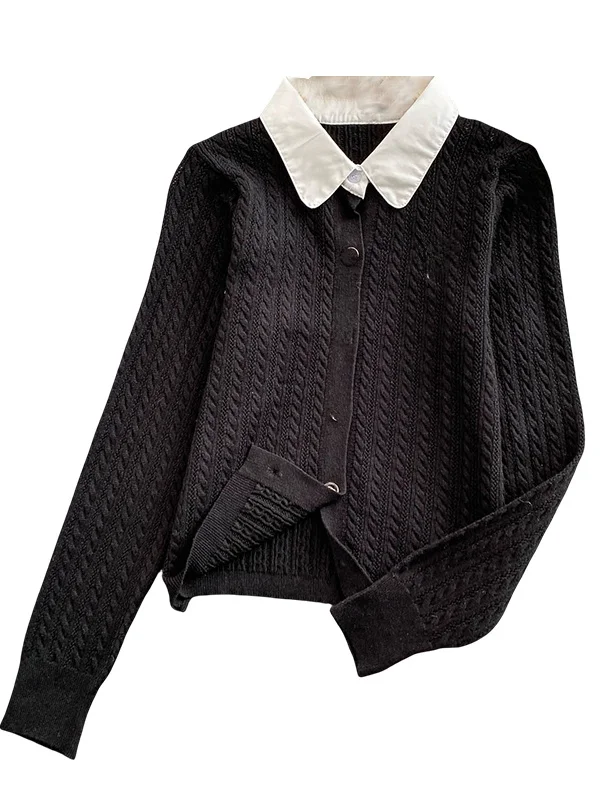 سترة نسائية محبوكة فريدة وجميلة بأسلوب حلو، بأكمام طويلة وياقة قابلة للطي، مقاومة للوبر وبطول عادي