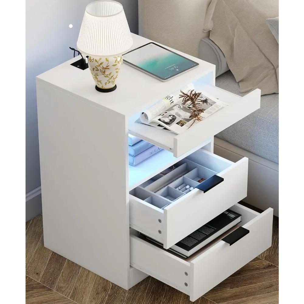 

LED Nightstand Bedside Table with Charging Station 2 Drawers,White Modern Sofa Couch End Side Table with LED Lights and Pull-Out