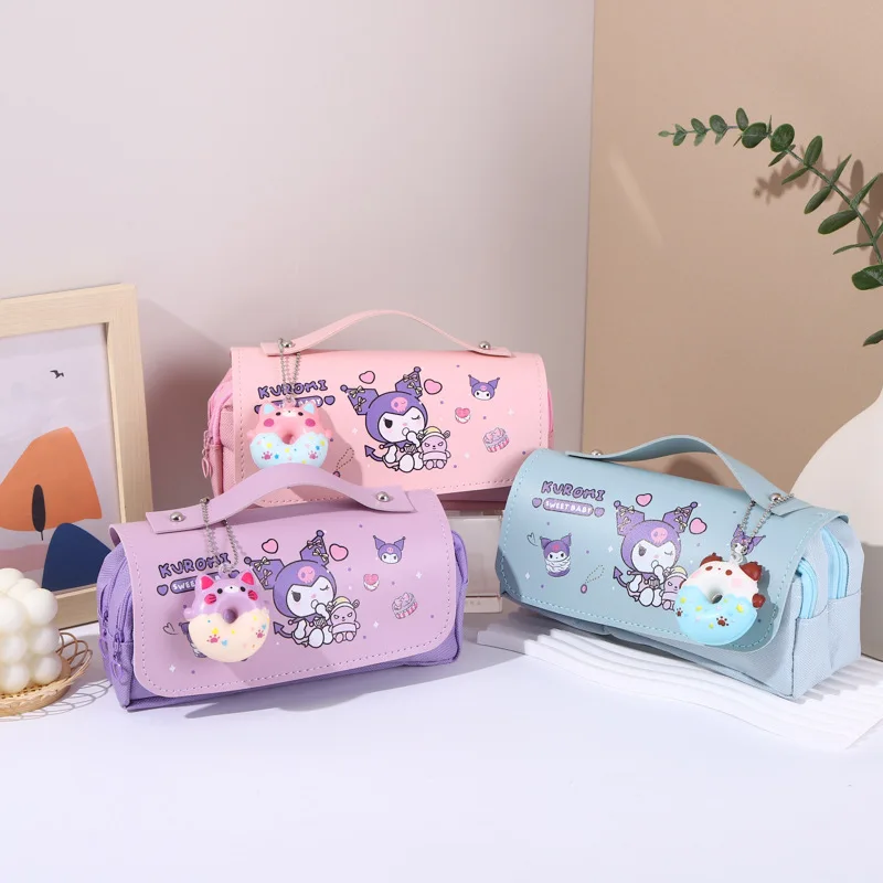 Kawaii Cartoon Kuromi Large Capacity Student Stationery Pencil Bag Cute Hello Kitty Pochacco Pendant Donut Pencil Box Girl Gifts