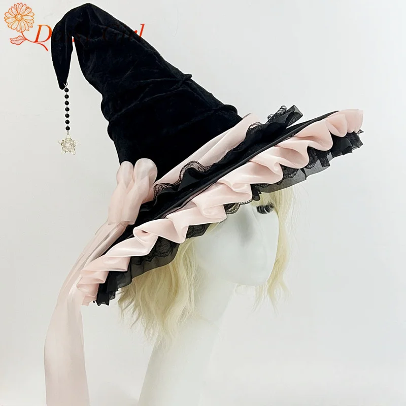 2025 New Handmade Large Brim Magic Milliner Halloween Headdress Lace Streamer Bow Lolita Witch Hat