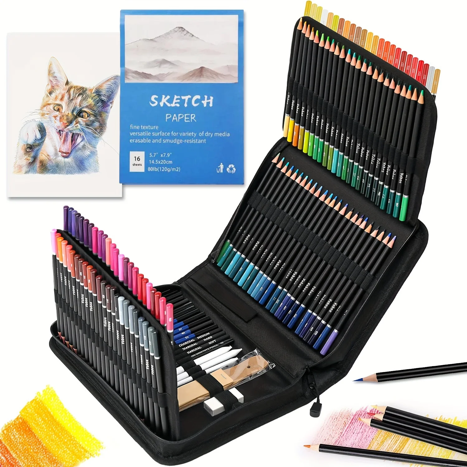 35/41/73/84/145-piece art set with sketch tools,sketchbook, portable case. Great for beginners, shading and blending.