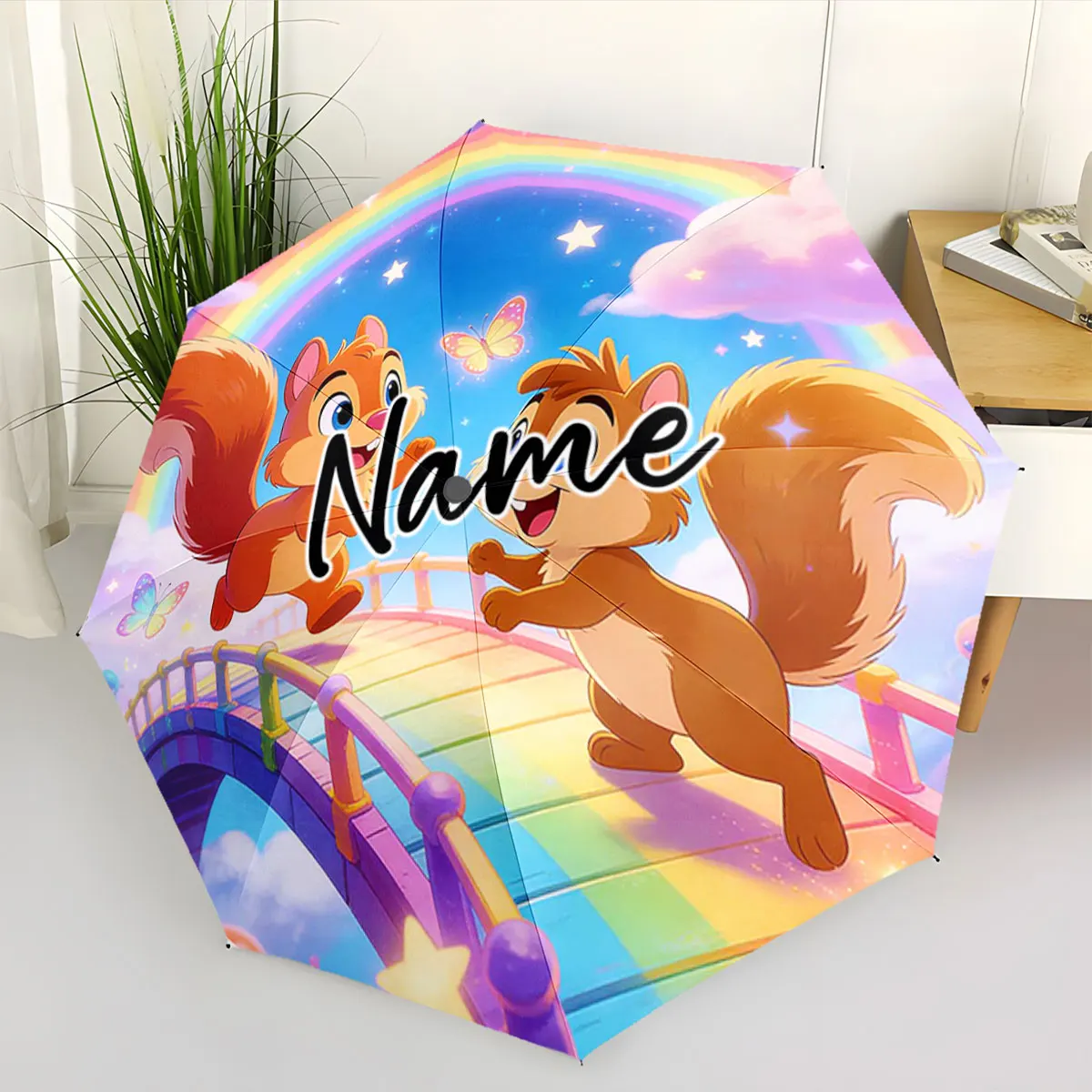 Custom Name Colorful Cartoon Umbrella with Playful Squirrel Print 8 Iron Ribs Folding Umbrella Auto-Open Fashion Sunshade