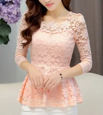 Plus size New Women Long-sleeved Lace Shirt Slim High Waist Hollow crochet Flower Lace Blouse womens tops and blouses S-5XL