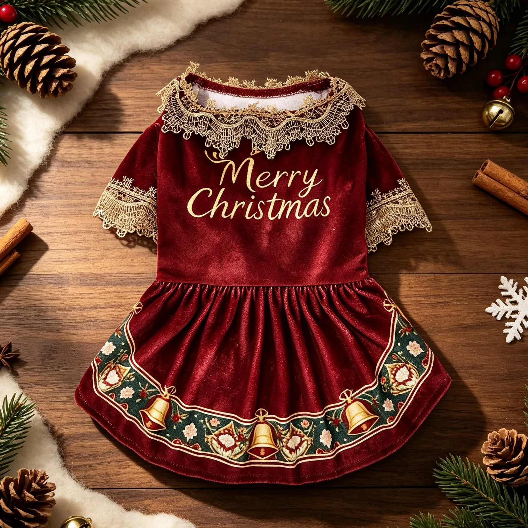 1 Haustierkleid, burgunderrotes Samtkleid für Hunde mit Spitzenrüschen, Weihnachtsmuster mit Glockenblumen-Print für Haustiere – Detail 3