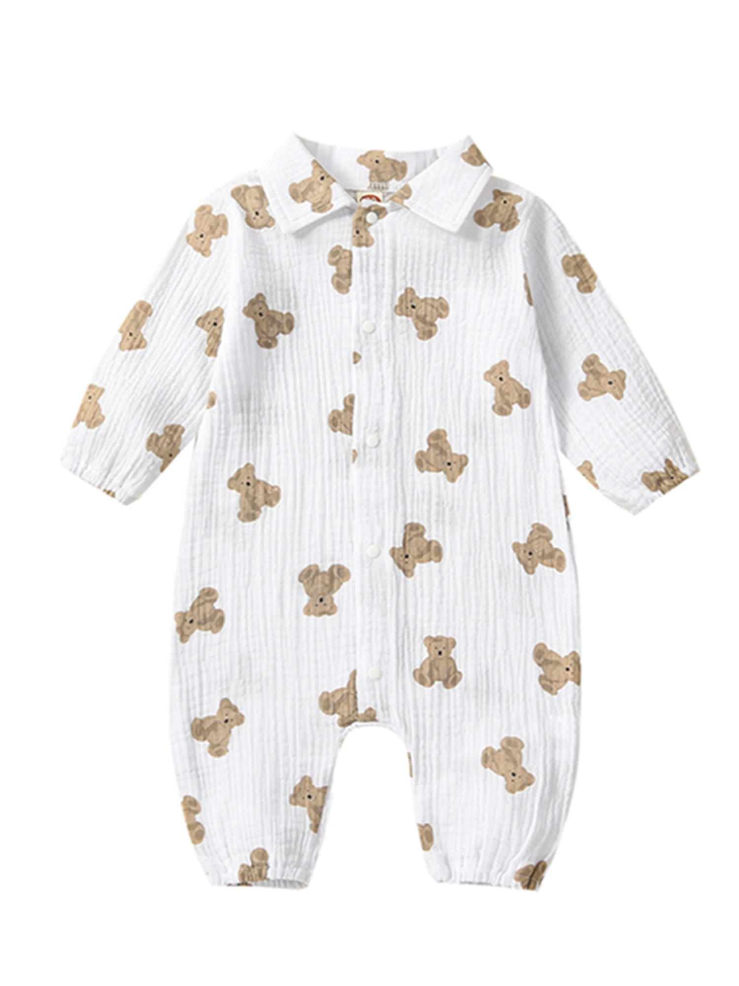 

Newborn Baby Boy Girl Romper Bear Print Button Down Long Sleeve Turndown Collar Bodysuit Unisex Fall Outfits