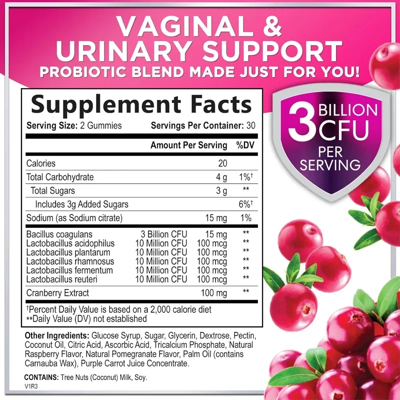 Female probiotics - gummies containing cranberries, used for digestion, pH, and immune health support, 3 billion colony units