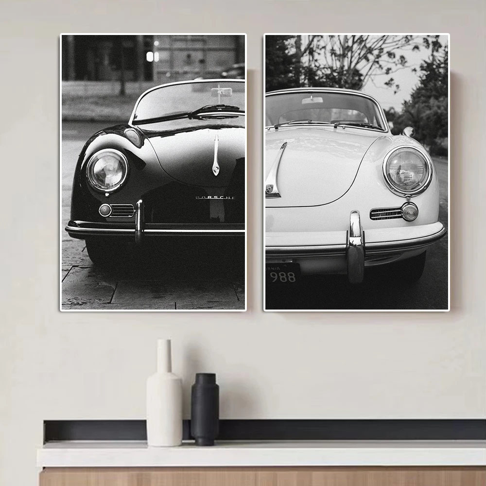 Black and White Retro Race Car Poster Classic Luxury Racing 356 Canvas Painting Supercar Steering Wheel Wall Art Room Hom Decor