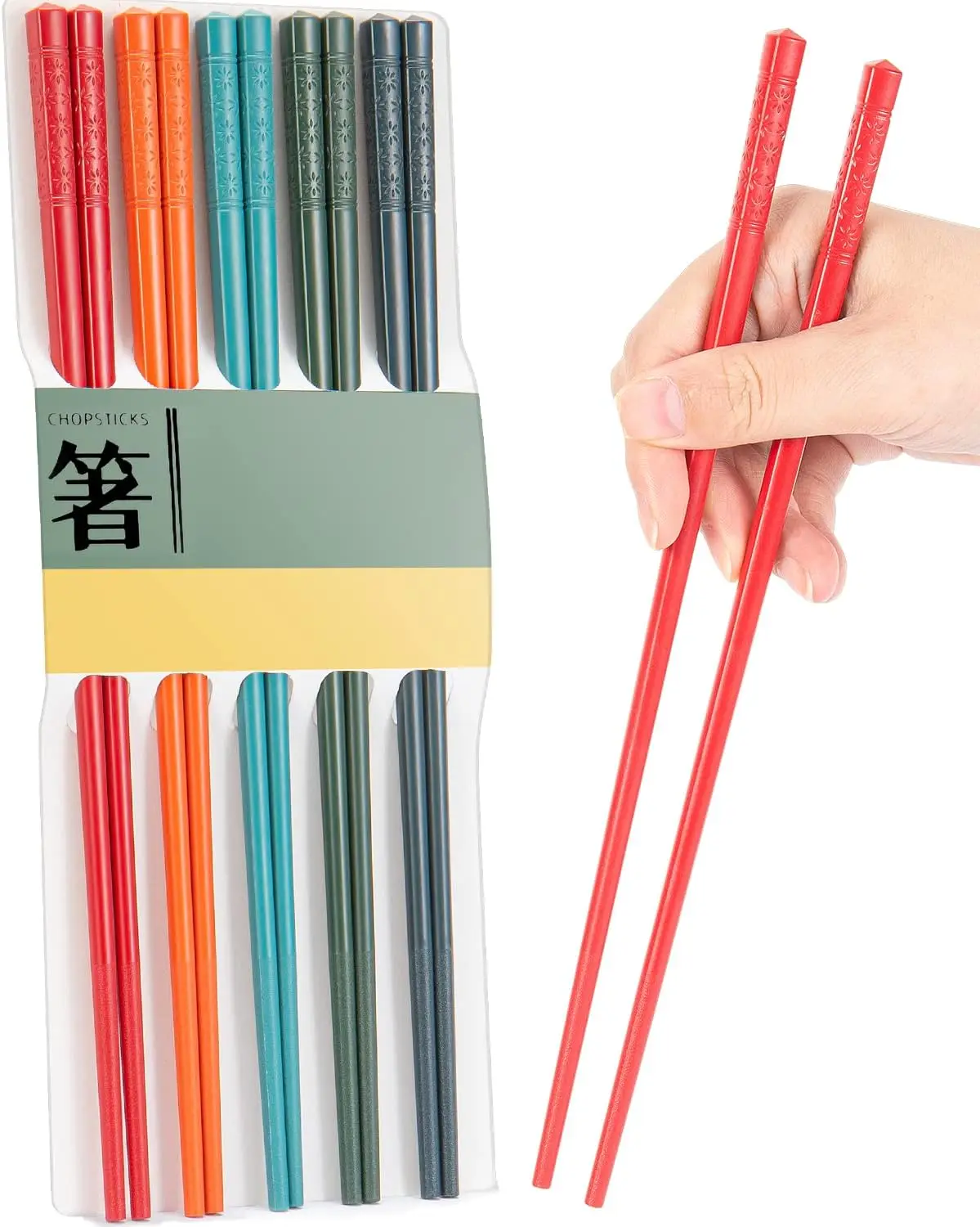 

5-Pair Reusable Fiberglass Chopsticks Set, Dishwasher Safe, Non-Slip Design for Easy Use (Colorful, 9.5 Inch)