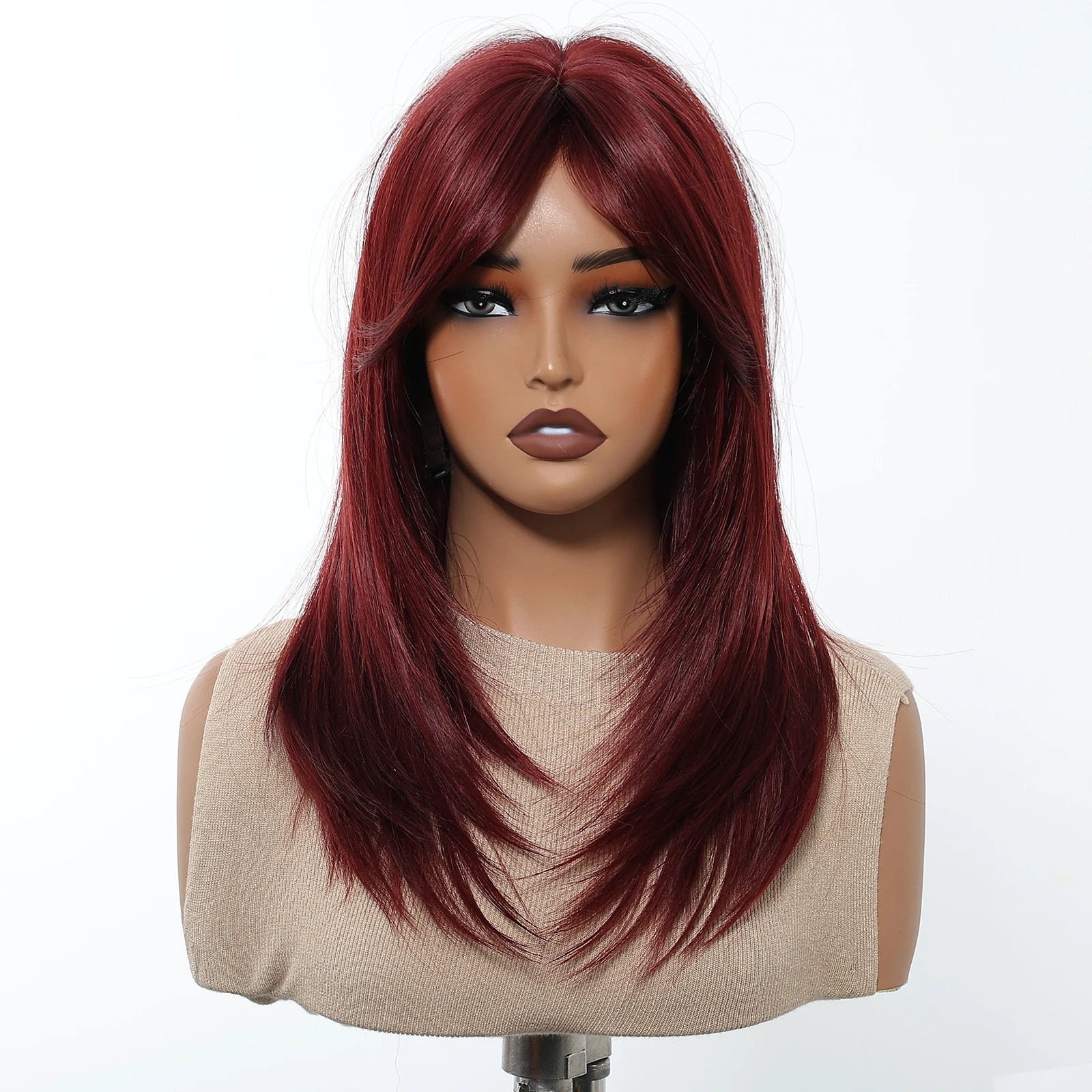 باروكات صناعية طويلة باللون الأحمر الخمري، شعر مستعار للحفلات التنكرية بطبقات مستقيمة يوميًا مع غرة للنساء، شعر طبيعي مقاوم للحرارة