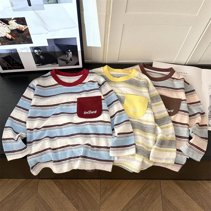 Kinder Langarm-T-Shirt Neues Retro-Streifen-Baumwollhemd Frühling Herbst Lässiges Oberteil mit Tasche für Baby Kleinkind Jungen Mädchen – Detail 1