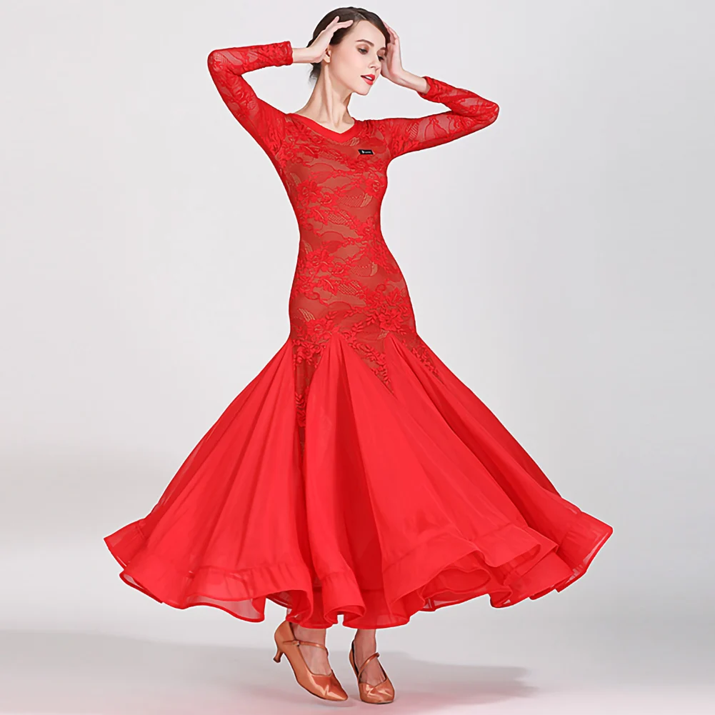 فستان رقص بمنظور أداء دانتيل أحمر نسائي بأكمام طويلة فستان رقص قاعة الرقص قياسي برقبة على شكل حرف V باللون الأسود