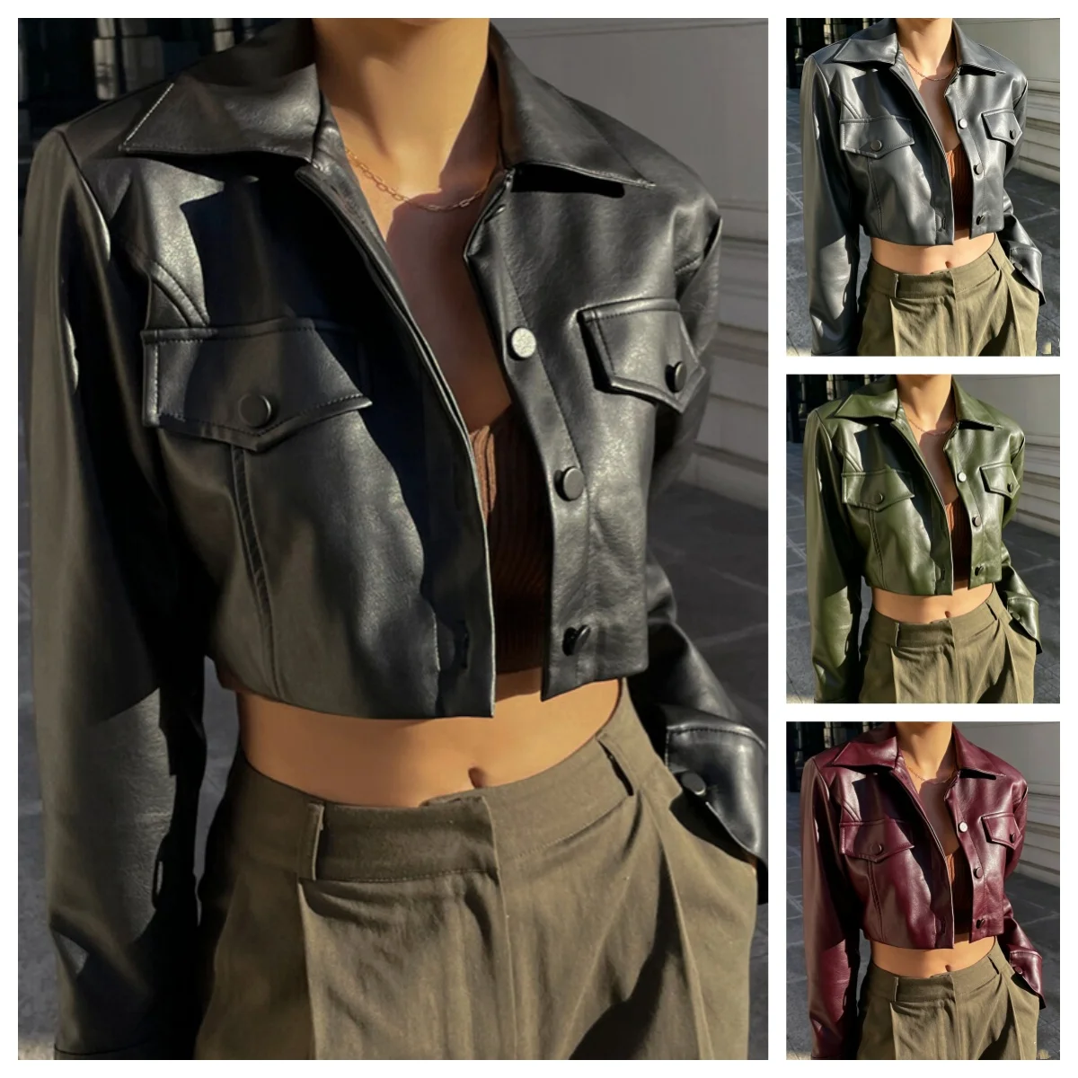 Y2k Autumn Sexy Streetwear Black Short Pu Leather Retro Jacket for Women Slim Turn-Down Collar Single Breasted Crop Outerwears
