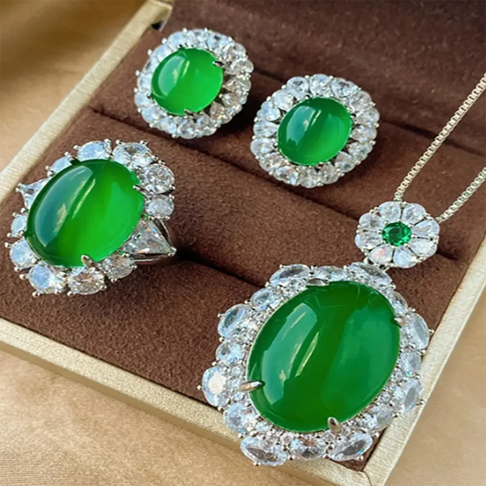 Color Luxury Jewelry Women’s Gorgeous Chrysoprase Necklace Earrings Adjustable Ring Set