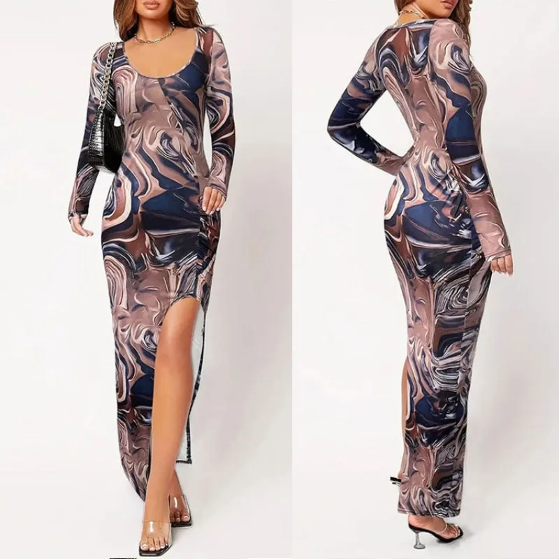 Dress Women 2025 Spring and Autumn New Low-cut Print Slim Long-sleeved Dress Sexy Slit Wrap Hip Skirt