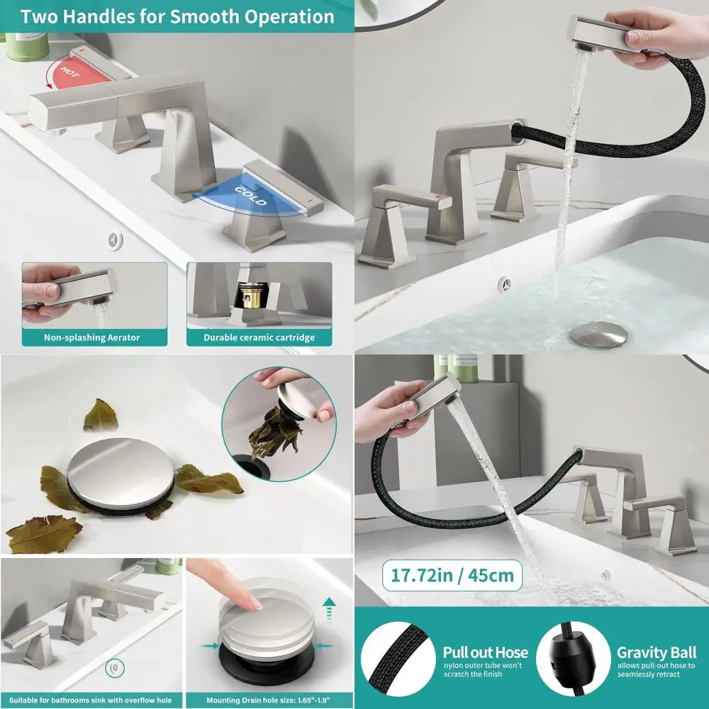 

8 смесителей для раковины из матового никеля с двойной ручкой и 3 отверстиями, с выдвижным сливом и линиями подачи