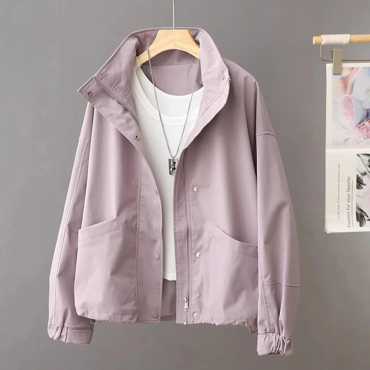 Korean Female Stand Collar Outwear High-grade Women Fashion Leisur Double Layered Jacket Spring Autumn Ladies Solid Color Coat