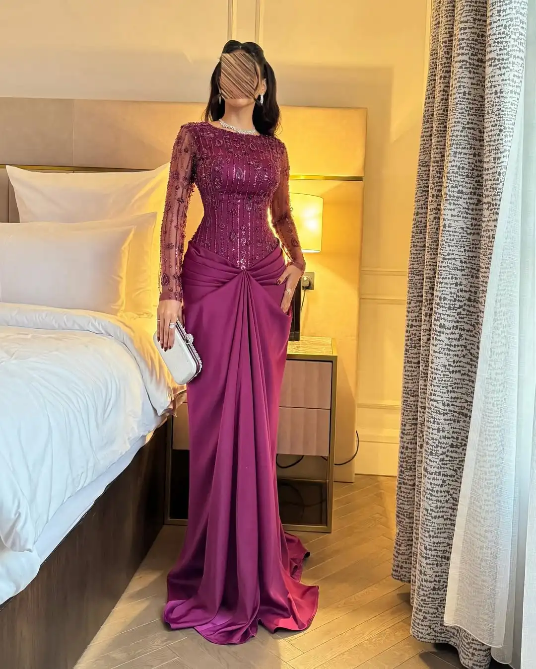 

New Design Crew Neck Sequin Beading Sheer Sleeve Satin Waist Pleated Draped Mermaid Evening Prom Formal Party Dress