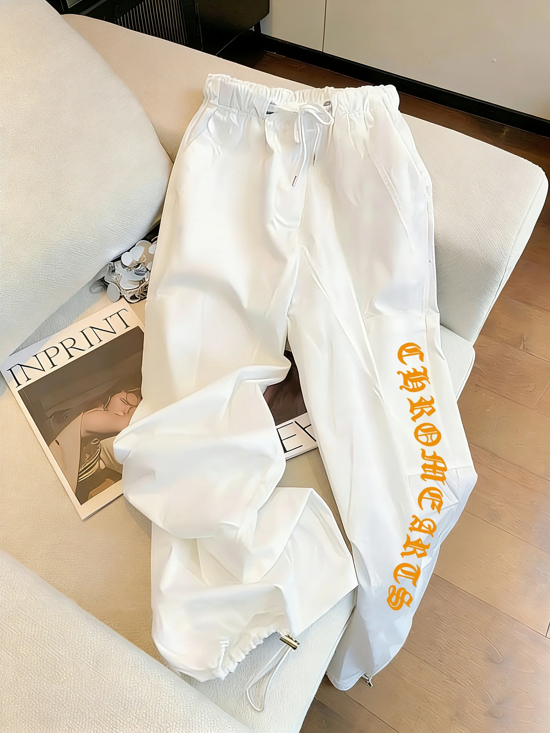 

Fashionable White Printed Casual Pants Men Women Summer Slimming Wide Leg Workwear Trousers Street Style Straight Leg Pants